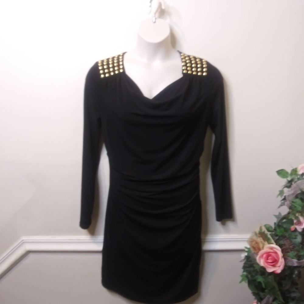 Michael Kors Sexy Rocker Chic Black Body-Con Dress With Gold Shoulder Studs - Picture 2 of 10